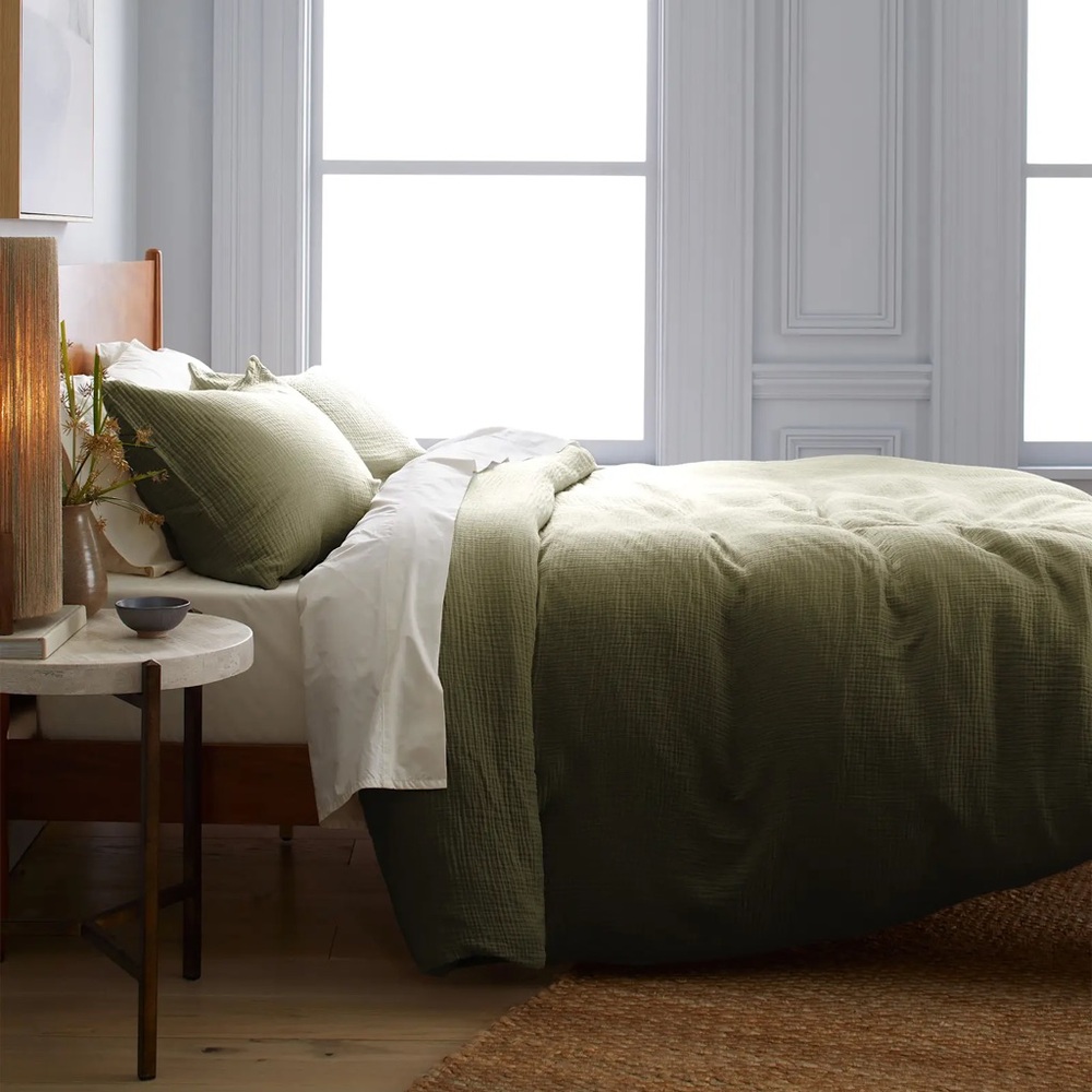 QUINCE Organic Airy Gauze Duvet Cover Set Full/Queen Olive 6664 - Picture 4 of 13